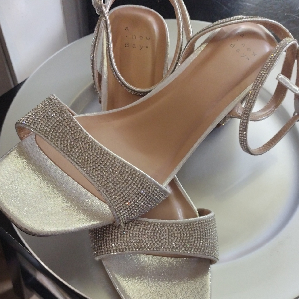A New Day Silver Heeled Sandals with Rhinestone Embellishments
